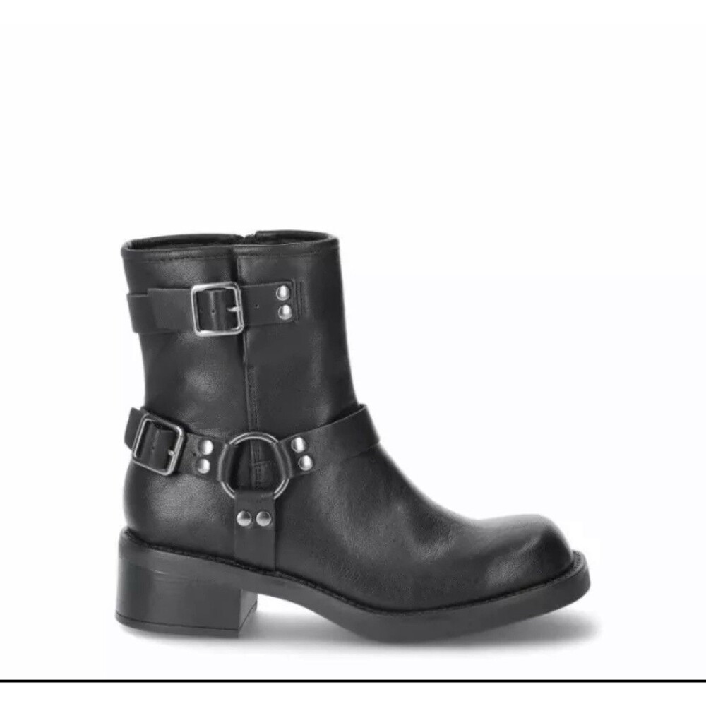 No Boundaries Buckle Moto Boots Women's 8 Black Block Heel Biker Faux Leather - Picture 2 of 8